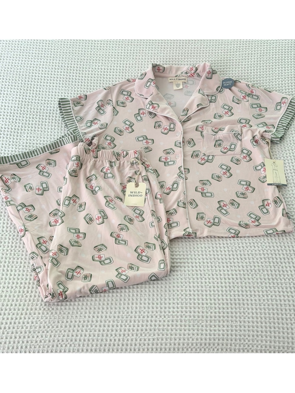 Wild Indigo Mahjong Pajama Set 2-pc Pjs Women’s L Pants Short Sleeve Tile Print